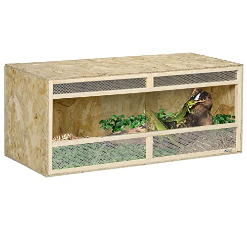 PawHut Terrarium für Reptilien, Reptil Fütterungsbox mit Lüftungsgitter, Schiebetüren aus Glas, Reptilienzuchtbox für Amphibien, Spinne, Natur, 120 x 50 x 50 cm