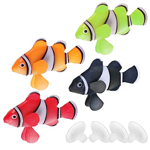 Mesee 4 Stück Clownfisch Aquarium Ornament, Aquarien Silikon Fische, Fische Aquarium Dekoration Künstliche Bunte Fische, Fluoreszierende Silikonfische für die Dekoration, Schwimmende Fischdekorationen