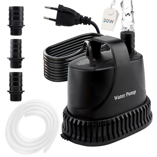 EXLECO Aquariumpumpe Tauchpumpen Förderpumpe 2000L/H 30W 230V Mini Wasserpumpe Fontäne Pumpe Filterpumpe Ultra Leise Springbrunnen Pumpe Förderhöhe 2,5m mit 2M Kabel 2 Düse Schlauch für Aquarium Teich