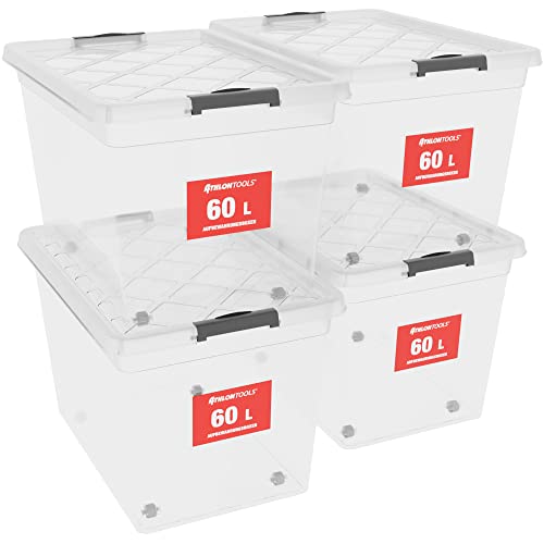 ATHLON TOOLS 4x 60 L Aufbewahrungsboxen mit Deckel, lebensmittelecht - Verschlussclips - 100% Neumaterial Plastik-Box transparent - Kleiderboxen stapelbar…