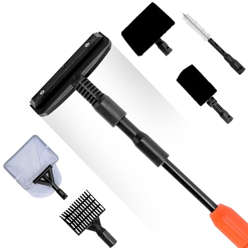 6-in-1 Aquarium Reinigungswerkzeuge Kit Lychee Aquarium Algenbürste Reiniger Set mit Teleskop-Anti-Rutsch-Griff Algenschaber Scrubber Pad Schwamm Bürste Fischnetz Rechen für Salzwasser und Süßwasser,