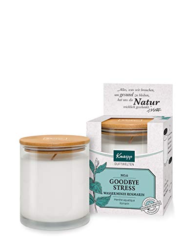 Kneipp Duftkerze No. 6 Goodbye Stress - Stimmungskerze mit natürlichen ätherischen Ölen aus Rosmarin & Wasserminze - frisch, aktivierend - inkl. wiederverwendbarem Design-Glas & Holz-Deckel - 145g