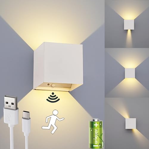 SENFAY LED Akku Wandleuchte mit Bewegungsmelder, LED Innen Wandlampe Batteriebetrieben 3600mAh mit Schalter, Warmweiß USB Aufladbare Wandlampe, Einstellbar Abstrahlwinkel 6W Weiß Flur Wandbeleuchtung