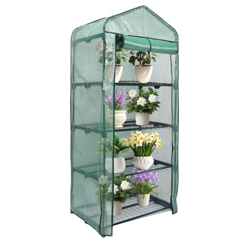 MaxWorks 51962 Mini-Gewächshaus mit 4 Ebenen, 160 cm H x 68 cm L x 48 cm B, PE-Abdeckung mit UV-Schutz, grün, für drinnen und draußen, Garten, aufrollbar, mit Reißverschluss, für Sämlinge und Samen,