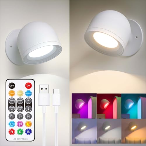 2 Stück LED Wandleuchte Innen, RGBCW Aufladbare Akku Wandlampe Ohne Stromanschluss und Bohren, Kabellose Fernbedienung und Touch Lampe für Schlafzimmer, Wohnzimmer, Kinderzimmer, Flur, Wall Lights