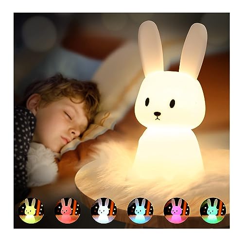 SOLIDEE Bunny Silikon Nachtlicht Kinder USB-Aufladung Nachttischlampe mit 7 Lichtwechsel & Tap Control & Timing Funktion 1200mAh Kinderzimmer Deko Geschenke Spielzeug Schlaflichter Nachtlicht Baby