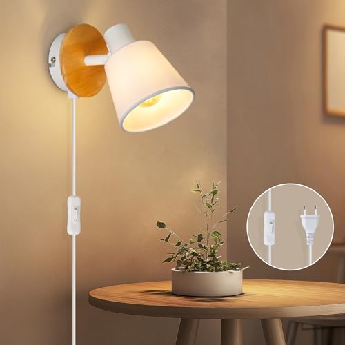 Ketom E14 Wandleuchte Innen Weiß Rund, Wandlampe mit Schalter und Stecker Holz, Wandstrahler Vintage Retro, Verstellbare Stoff Wand Lampen für Wohnzimmer Schlafzimmer, Ohne Leuchtmittel