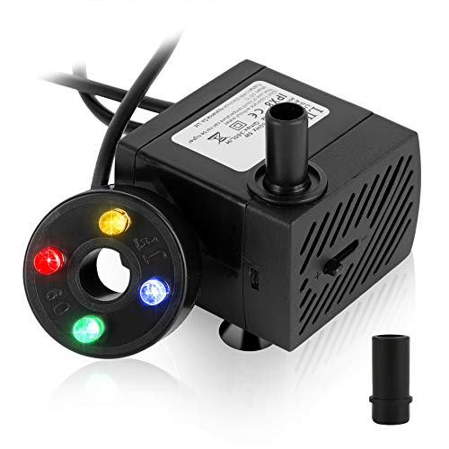 Forever Speed 5W Mini Aquarium Wasserpumpe Teichpumpe Tauchpumpen für Aquarium Teich mit 4 Bunten LED Licht, Regelbare Minipumpe Garten Tauchpumpen für Brunnen,Steingarten,Max Förderhöhe 0.85m,350L/H