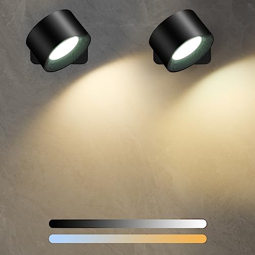 Diealles Shine LED Wandleuchte Innen 2 Stück, Aufladbare Wandleuchten mit 3 Helligkeit und 3 Farbe, 360° Drehbarer Touch Control Akku Wandlampe für Schlafzimmer Küche Badezimmer Wohnzimmer (Schwarz)