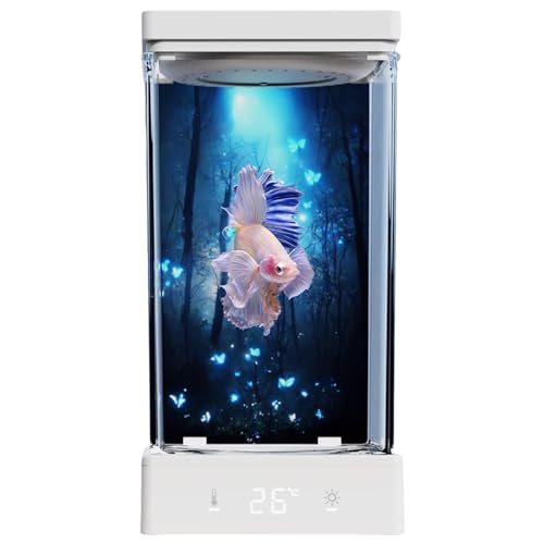 TIHONORI Kampffisch Aquarium - 1,4L Desktop Mini Aquarium Kit mit Bodenablauf, USB-Smart-Temperaturregelung, Einstellbare LED-Leuchten - Tisch-Kampffisch-Aquarium,Fish Tank with Crystal