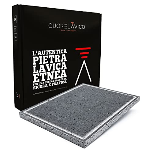 CUORE LAVICO - DAS ORIGINAL Italienischer Grillplatte - Lavastein Lavastein, 39 x 30 x 2 cm Dicke 2 cm mit Fettauffangrinne, Schamottstein, natürlich, bester Grillstein auch für Pizza Made in Italy