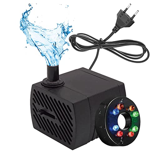 CAM2 Mini Wasserpumpe mit 8 LEDs und Saugnäpfen Springbrunnen pumpe 280 L/h 4W 220V-240V 50/60hz Einstellbare Wassermenge 8/13mm, Geeignet für kleine Aquarien, Aquarienpumpen, Gärten