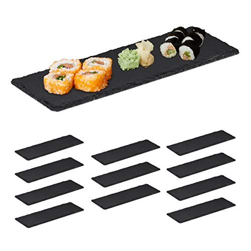 Relaxdays 12 x Schieferplatte, längliche Servierplatten aus Schiefer, Servieren & Beschriften, 30x10 cm, Sushi Platte, anthrazit