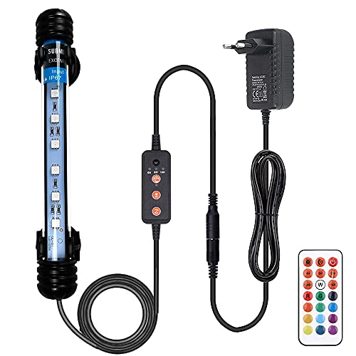 VARMHUS Tauchen Aquarium Licht,Aquarium LED Beleuchtung Die Fernbedienung kann 13 Farben und 5 Helligkeitsstufen einstellen,24/7 Automatischer Öffnungs-Schließzyklus und Dreistufiger Timer(RGB, 18cm)