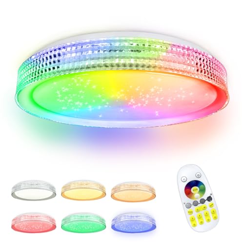 XMTECH LED Deckenleuchte Farbwechsel RGB 60W Deckenlampe Dimmbar mit Fernbedienung, 2800-6500K Deckenbeleuchtung für Badezimmer Schlafzimmer Kinderzimmer(Mit Sternenhimmel-Effekt-Weißer Ring)