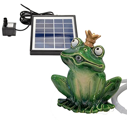 Wasserspeier Frosch 16cm mit Solarpumpe aus Keramik für Miniteich - Balkon und Terrasse