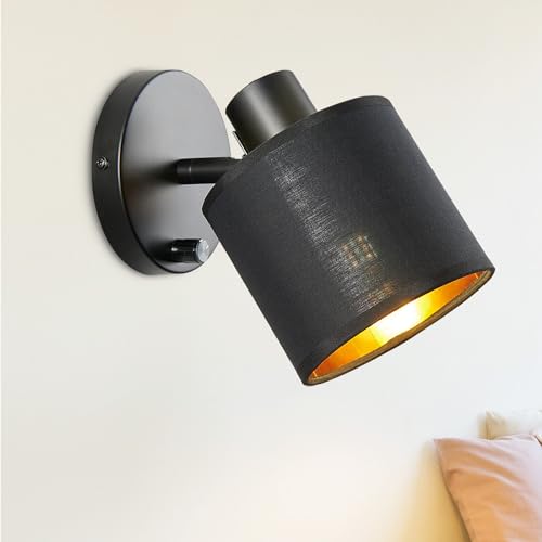 Lightess Wandlampe mit Schalter Dimmbar Vintage Stoff Wandleuchte E27 Retro Lampe Innen Schwarz Lampenschirm Wandstrahler für Wohnzimmer Schlafzimmer