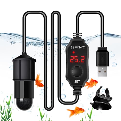 HIULLEN Mini Aquarium Heizung, Aquarium Heizstab mit LED-Anzeige, Aquarien Regelheizer 10W 5V 2A USB, Temperatur Einstellbare Aquarium Heizer mit Saugnäpfen für Fischtanks Salzwasser und Süßwasser