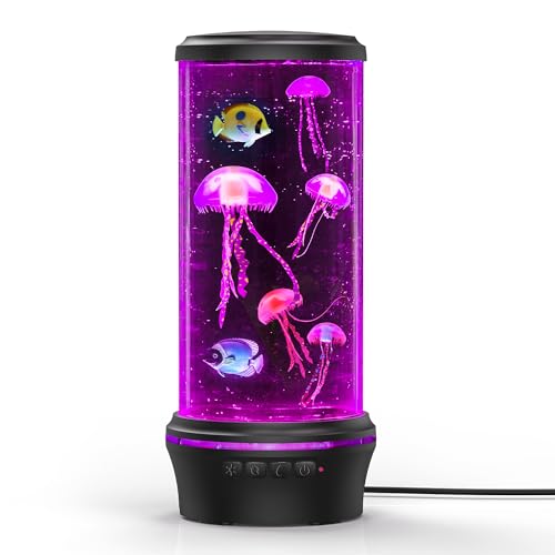 Kangtaixin Lavalampe Quallen LED - 7 Farben Quallen lavalampe kinder - Runde Jellyfish Aquarium Lampe für Zuhause Büro Dekoration Stimmungslicht,schwarz mit 4quallen & 2fish (Schwarz)