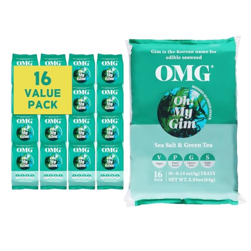 [16 Pack] OMG Oh! My Gim Seaweed Snack, Meersalz & Grüntee, Vegan Gesunde Seetang Snacks, Südkorea Premium Getrocknete Algen Chip, Trockenes Gemüse Seealgen Chips, Koreanische Lebensmittel