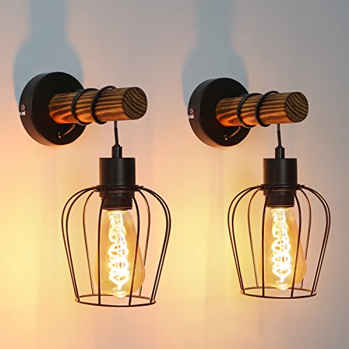 ZMH 2ER Retro Wandleuchte Holz Innen Wandlampe 1 flammige Vintage Lampe im Industrial Design mit Schalter aus Metall und Holz - in Gitter-Optik - Schwarz - Fassung: E27 - ohne Leuchtmittel