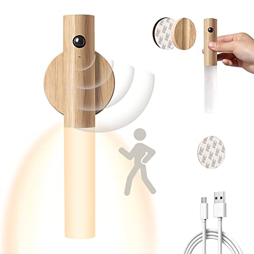 WORLUDE USB Aufladbar Wandleuchte Holz Innen mit Bewegungsmelder Induktions, Akku LED Wandlampe Warmweiß Magnetische Bettlampe für Wohnzimmer Schlafzimmer Treppenhaus Flur (Holz)