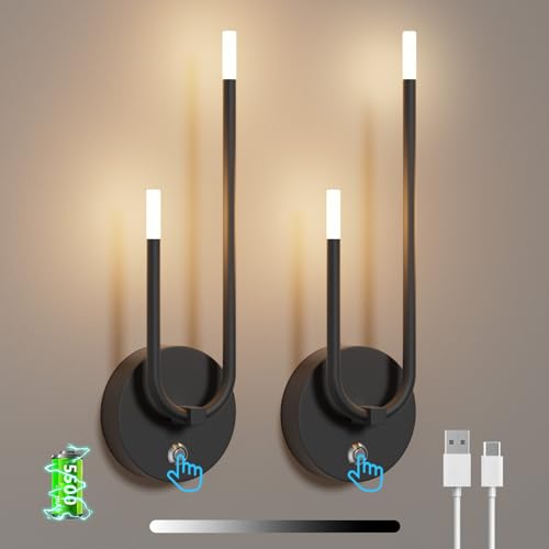 Aipsun 2 Stück akku Wandleuchte Dimmbar LED Wandleuchte Kabellos Innen Wand Lampe Magnet mit Touch 5500mAh, 4W 3000k,18-60 Stunden lange Lebensdauer für Esszimmer/Schlafzimmer/Wohnzimmer/Flur(Schwarz)