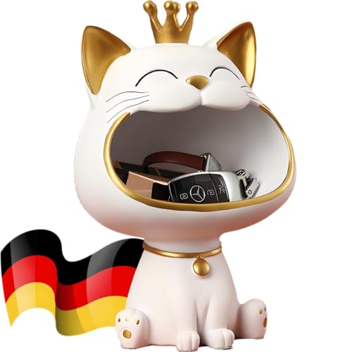 BLOOOK Lachende Katze Figuren Statue,Großer Mund Katze Aufbewahrungsbox,Maneki Neko Fortune Cat Skulptur,Glückliche Katzen Lagerung Box,Kätzchen Schlüssel Schale,Schmuck Tablett