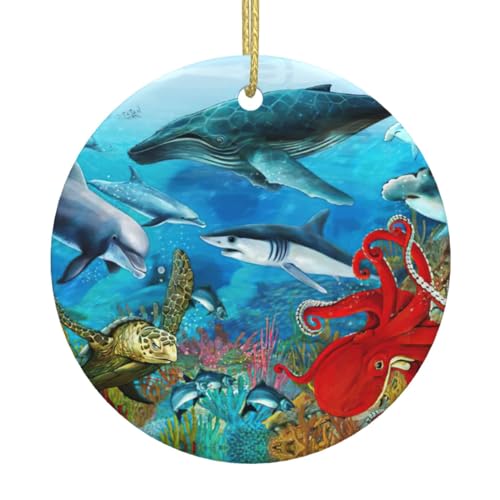 Runde Keramik-Ornamente, passend für Paare, Hochzeit, Familie, Weihnachtsdekoration, Delfine, Meeresschildkröte, Hai, Krake, Korallenriff