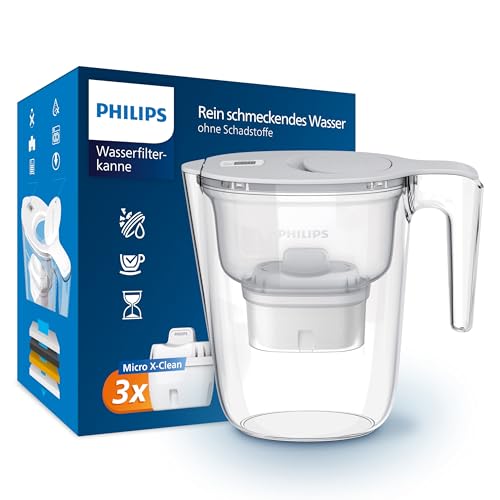 Philips Wasserfilterkanne +3 Micro X-Clean Ersatzfilterkartuschen, schneller Durchfluss, Weiß, 2,6 Liter, elektronischer Timer