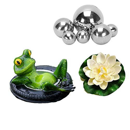 Super Idee Miniteich Deko Set Schwimmfrosch mit 6 Silber Kugeln und 2 STK Lotusblüte für Miniteich Terrassenteich Zinkwannen Solarbrunnen Garten Balkon Teiche Deko (Frosch auf Reifen)