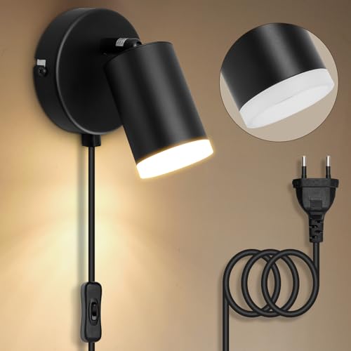 Dehobo Wandleuchte mit Stecker und Schalter - LED Wandlampe Innen GU10 Schwarz Matt Rund Drehbare 350°- Wandleuchte mit Kabel für Schlafzimmer Studie Büro - Ohne Leuchtmittel