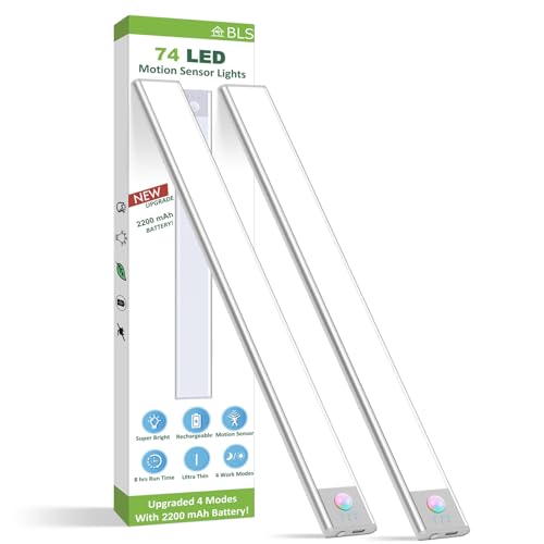 BLS Unterschrankleuchten, 74 LED-Lichter, batteriebetrieben, Bewegungsmelder, Licht für den Innenbereich, USB C, wiederaufladbar, Bewegungsmelder, 2200 mAh, kabelloses magnetisches Licht für Küche,