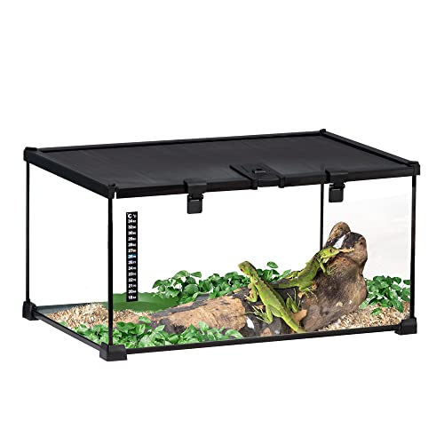 PawHut Terrarium für Reptilien Reptile Fütterungsbox Glasterrarium Amphibien Spinnentiere mit Thermometer Reptilienzuchtbox Metall Schwarz 50 x 30 x 25 cm