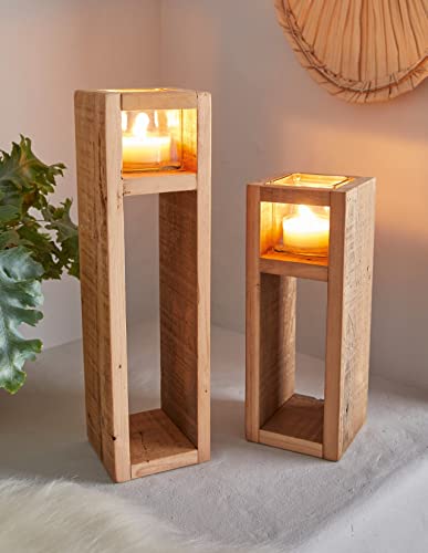 2X Windlicht-Säule Wood aus Holz & Glas, 30 + 40 cm hoch, Kerzenhalter aus recyceltem Holz, Kerzenständer, Deko-Säule für Wohnzimmer, Holzsäule mit Kerzenglas