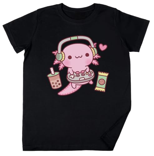 Cute Axolotl Loves Playing Video Games Kinder Jungen Mädchen Unisex T-Shirt Schwarz