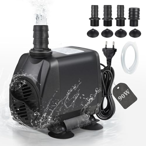 EXLECO 4500L/H 90W Aquariumpumpe Tauchpumpen Förderpumpe Wasserpumpe Fontäne Pumpe Eco Filterpumpe Ultra Leise Springbrunnen Pumpe mit 2M Kabel 4 Düse Schlauch Stecken für Aquarium Brunnen Steingarten