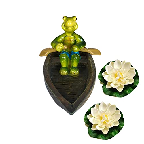 Super Idee Miniteich Deko Schildkröte mit 2 Schwimmend Lotusblüte schwimmend Teichfigur für Miniteich Terrassenteich Zinkwannen Solarbrunnen Innenbrunnen Deko (Schildkröte auf Holzboot)