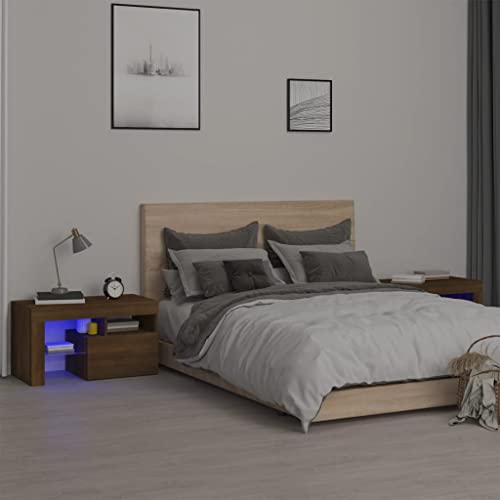 qohoio Nachttische 2 Stk. mit LED-Leuchten Nachtschrank Schlafzimmer MöBel Nachttische Beistellschrank Braun Eichen-Optik