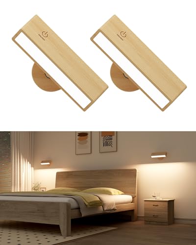 DetarZinLED Akku Wandleuchte Innen 2 Stück Holz,Wandleuchte ohne Stromanschluss,Wandlampe Kabellos Dimmbar Touch Control,Lampe ohne Bohren,360° drehbare Magnetische für Schlafzimmer Wohnzimmer