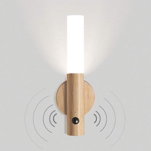 VOMI Holz Wandlampe Innen Akku Batterie Wandleuchte mit Bewegungsmelder USB Aufladbar Kabellos Treppen Licht Wand Nachtlicht LED Magnetische Batteriebetrieben Flur Lampe Treppenbeleuchtung