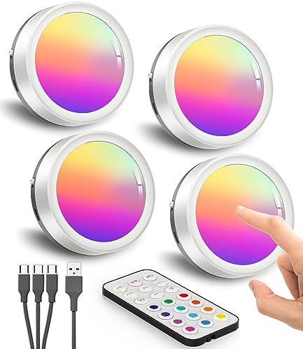 RGB LED Spot mit Akku und Fernbedienung, USB Aufladbar Vitrinenbeleuchtung Kabellos Rund Unterbauleuchte Küche LED Farbwechsel Schrankbeleuchtung Magnetisch Regalbeleuchtung Batterie Klebeleuchte