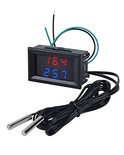 FBBULES Dual Display LED Digitales Thermometer mit 2 Wasserdichten Metallsonden DC4-28V Temperatursensor für Aquarium Fischbecken Kühlschrank,Rot&Blau