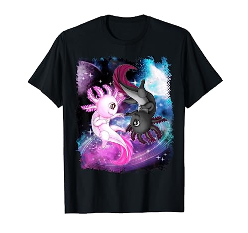Niedliches Axolotl Yin Yang Plüschtier schwimmend Weltraum Mädchen Jungen T-Shirt