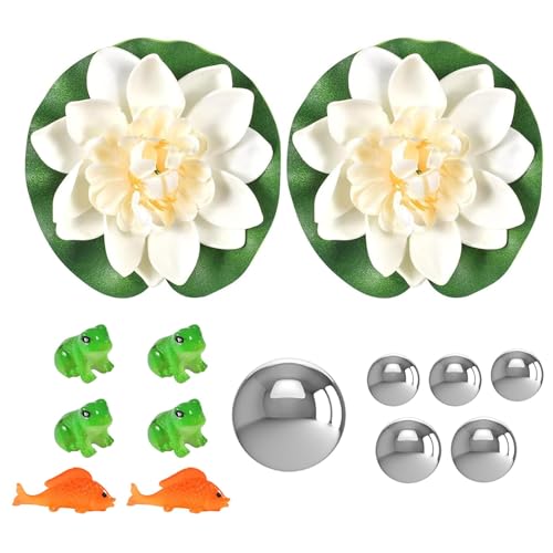 JOYOLA Klein Garten Teiche Deko Set, 4 Mini Frosch, 2 Koi Karpfen, 2 Schwimmend Lotusblüte und 6 Schwimmkugeln, Miniteich Deko für Terrassenteich Zinkwannen Solarbrunnen Garten Balkon Teiche Deko