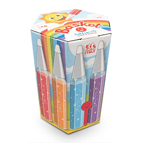 Sabbiarelli Sand-it For Fun - Ökologische Box: Set mit 12 nachfüllbare Stifte aus buntem Sand mit 2 Schaber enthalten, Multicolour