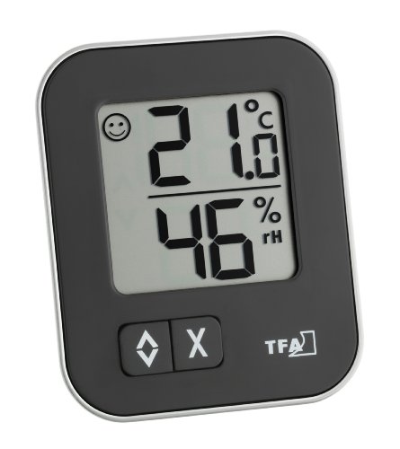 TFA Dostmann 30.5026 digitales Thermometer Hygrometer Moxx, 5.7 x 1.3 x 6.9 cm (Schwarz)