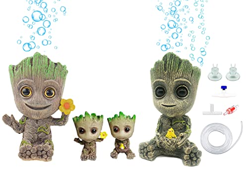 Huike Baby Groot Aquarium Dekoration Luft Sprudler Stein, Treeman Aquarium Luftblasenstein Blasendekoration Fischbecken Ornamente mit Schlauch und Steuerventile Zubehör, 4 Stück Groot Figur