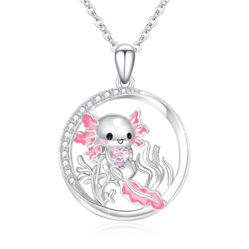 PARYFO Axolotl Mädchen Kette 925 Sterling Silber Anhänger Halskette Schmuck Geburtstag Geschenk für Tochter (Axolotl Rosa Kristall)