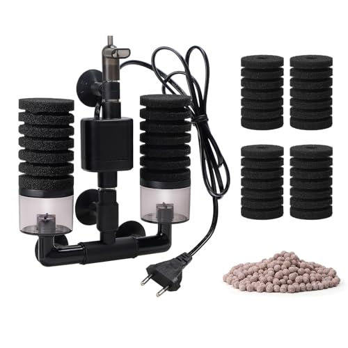 SWAWIS Schwammfilter Aquarium mit 2 Paar Ersatzschwämmen, Leise Schaumfilte mit Filterkugel, Elektrischer Aquarium Filter für Biologische und Mechanische Filterung Sauerstoffanreicherung(S)